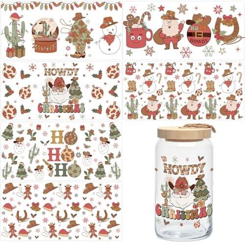 kreat4joy 6 Sheets Christmas UV DTF Cup Wrap Transfer Stickers Western Cowboy Santa Ginger Man Snowman Howdy Christmas Cup Decals for Glass Can Tumbler Cup Crafts