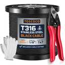 200 FT 1/8" Black Stainless Steel Cable with a Cutter, T316 Wire Rope for Deck Cable Railing System, 77 Strands Rustproof Aircraft Cable, DIY Stair Fence Balustrade