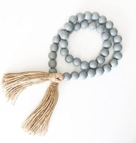 FOUNDATIONS DECOR Wood Bead Garland with Tassels - Boho Bead Garland - Slate Gray