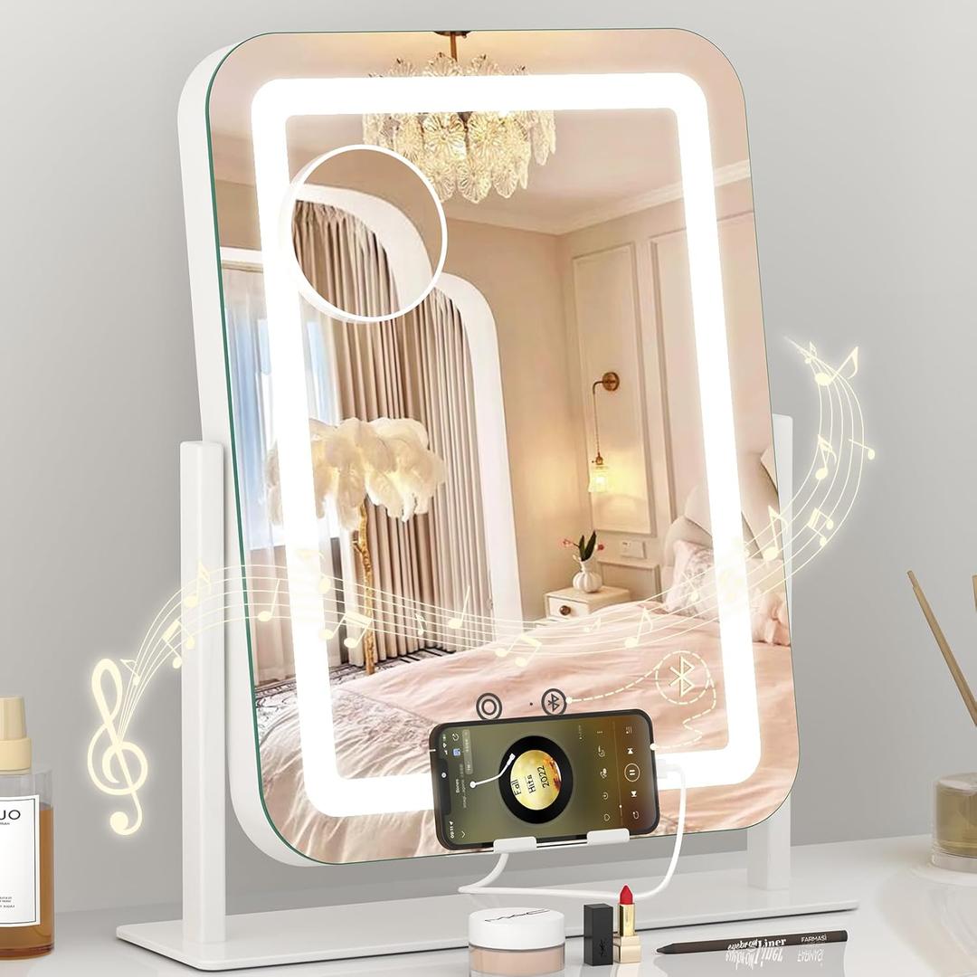 Dripex LED Lighted Makeup Mirror with 12V 2A USB Charging Port Bluetooth Speaker 3 Colors Dimmable 15"x12" Vanity Mirror with Lights Touch Keys Phone Holder 10X Magnification for Vanity Desk