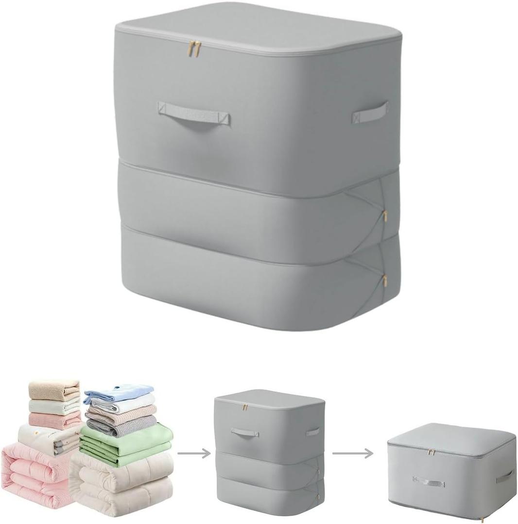 Ultra Space Saving Self Compression Organizer, 3-Layer Zipper Large Capacity Storage Bag, Thick Satin Fabric Heavy Duty Bags for Comforters Blankets Bedding Duvet (Gray, X-Large, 21x17x24in)