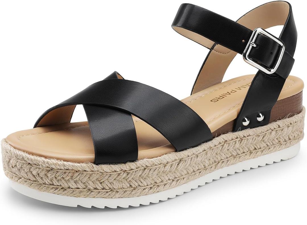 DREAM PAIRS Women's Stylish Platform Espadrille Wedge Sandals Round Toe Summer Causal Shoes Crisscross Band Adjustable Ankle Strap Buckle (8, Black)