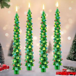 4 Pack 10 Inch Christmas Tree Candles, Premium Natural Unscented Beeswax Christmas Tree Shaped Taper Candles with Cotton Wick, for Xmas Holiday Decor Party Banquet (Green with Multicolor Trim)