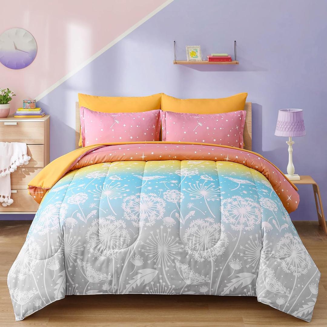 Menghomeus Girls Comforter Set Queen Size 7 Pieces Bed in A Bag Ombre Rainbow Bedding Set Dandelion Butterfly Print Kids Bedding Collections