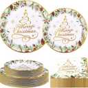 Greencian 200Pcs Merry Christmas Party Decorations Gold Christmas Tree Plates and Napkins Winter Xmas Plant Tableware Sets for Winter Holiday Picnic Birthday Dinner Party Supplies Serves 50