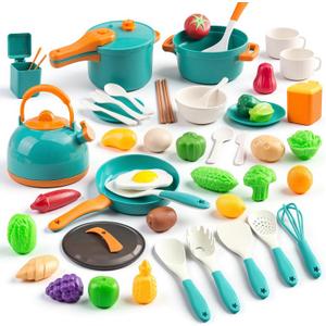 56Pcs Mini Play Kitchen Accessories for Kids, Pretend Cooking Playset with Cookware, Tableware & 2 Fruit Sets, Learning Gift for Girls, Boys, Toddlers, Green