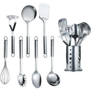 Berglander Cooking Utensil Set 8 Piece, Stainless Steel Kitchen Tool Set with Stand,Cooking Utensils, Slotted Tuner, Ladle, Skimmer, Serving Spoon, Pasta Server,Potato Maseher, Egg Whisk. 8 Pieces