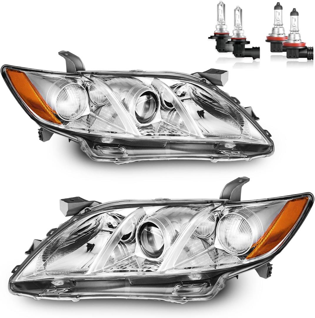 Headlights W/Bulbs for 2007 2008 2009 Toyota Camry Halogen Headlamp Replacement Driver & Passenger Side (Not fit Hybird Models)