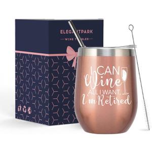 ELEGANTPARK Funny Retirement Gifts for Women 2025 Retired Gifts for Her Retirement Wine Tumbler for Retired Teachers Friends Coworkers Boss Travel Cup Tumbler with Lid and Straw Rose Gold