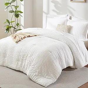 CozyLux King Size Comforter Set White Seersucker 7 Pieces Bed in a Bag King Comforter Set with Sheets, Luxury Soft Bedding Set with Down Alternative Comforter, Sheets, Pillowcases & Shams All Seasons