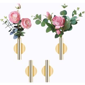 AIM & GGKK Wall Planters,4 Pcs Wall Mounted Metal Hanging Plant Holder for Indoor Small Gold Boho Flower Vase Tube for Modern Home Decor Display Art Bedroom Bathroom Living Room