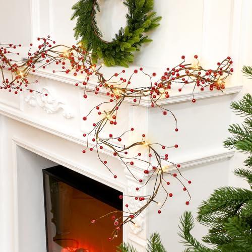 Syhood 9 ft Ramadan Mubarak Berry Beaded Garland with 30 LED Lights Artificial Pre Lit Berry Branch String Garland Battery Operated for Indoor Mantel Fireplace Holiday Decor(Red)