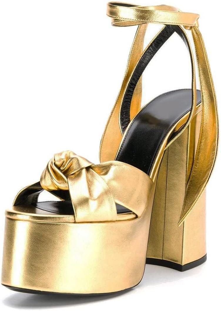 Goolita Metallic Lace Up Chunky Heel Platform Heels For Women Open Toe Slingback Ankle Strap Heeled Sandals Bow Sexy Fashion Evening Party Shoes (7, Gold)