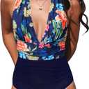 CUPSHE Women V Neck One Piece Swimsuit Halter Backless Ruched Tummy Control Bathing Suit (Medium, Navy Blue/Floral)