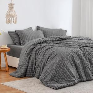 Love's cabin Seersucker Dark Grey Queen Comforter Set, 7-Piece All Season Lightweight Bed in a Bag Bedding Set with Comforter, Flat Sheet, Fitted Sheet, Pillowcases and Shams | Soft, Breathable, Lightweight (Queen (88"X88"))