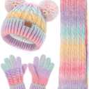 Kids Winter Hat Scarf Gloves Set, Toddler Girl Boy 8% Wool Fleece Lined Pom Beanie Knit Neck Mittens Children Christmas Gifts
