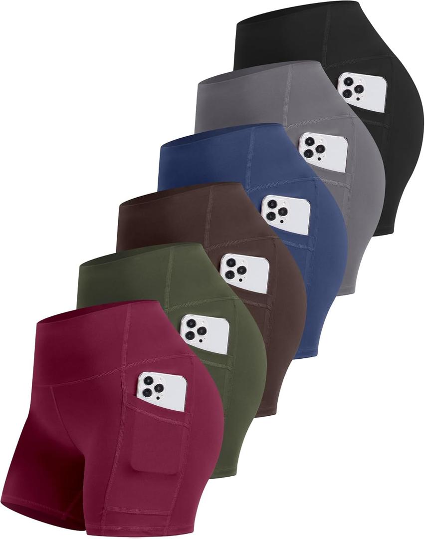 CHRLEISURE 6 Packs Womens Biker Shorts with Pocket, 5 Inch High Waisted Tummy Control Spandex Yoga Workout Shorts (Black/Grey/Navy/Wine/Green/Brown - XL)