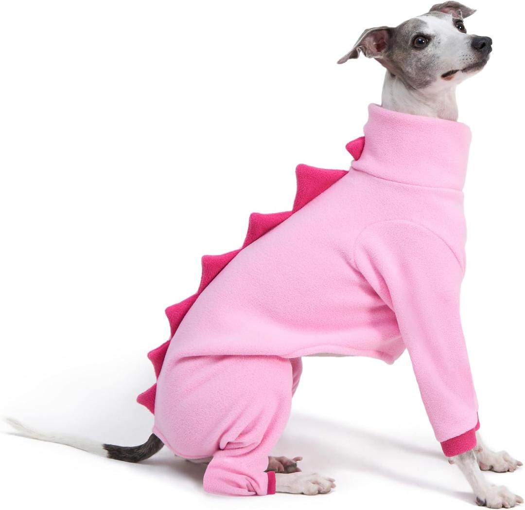 Italian Greyhound & Whippet Dog Fleece Dinosaur Onesie, Cozy Turtleneck Costume Outfit (Pink, Medium)