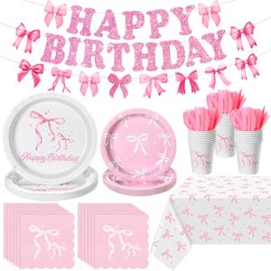Mimorou 172 Pcs Pink Bow Coquette Cute Bachelorette Party Decor with Napkins Plates Cups Forks Tablecloth Banner Pink Bow Theme Tableware for Girl Birthday Baby Shower (Pink and White)