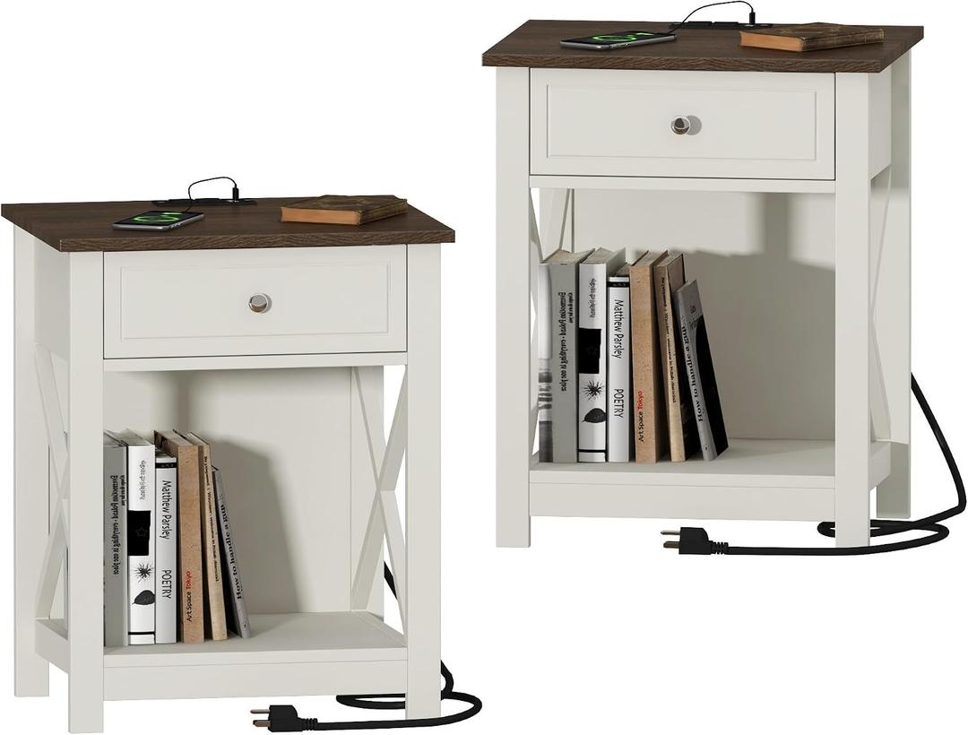 Treocho Farmhouse End Table Set of 2,Nightstand with Charging Station, X-Design Side Table with 2 AC and USB Power Outlets, Small Night Stand with Storage Drawer and Open Shelf for Living Room, 15.7Wx13.7Dx23.6H