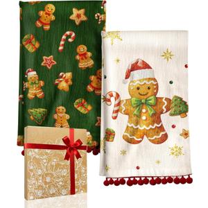 Christmas Kitchen Towels with Tassels - Cotton Christmas Kitchen Towels 16x26 Inch Terry Cloth Decorative Xmas Theme Dish Towel for Holiday Cute Designs with Gingerbread Man for Gifting