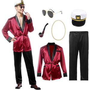 Red Silk Robe Jacket Halloween Couples Costumes With Black Pants Sunglasses Captain Hat Necklace for Men (Medium)