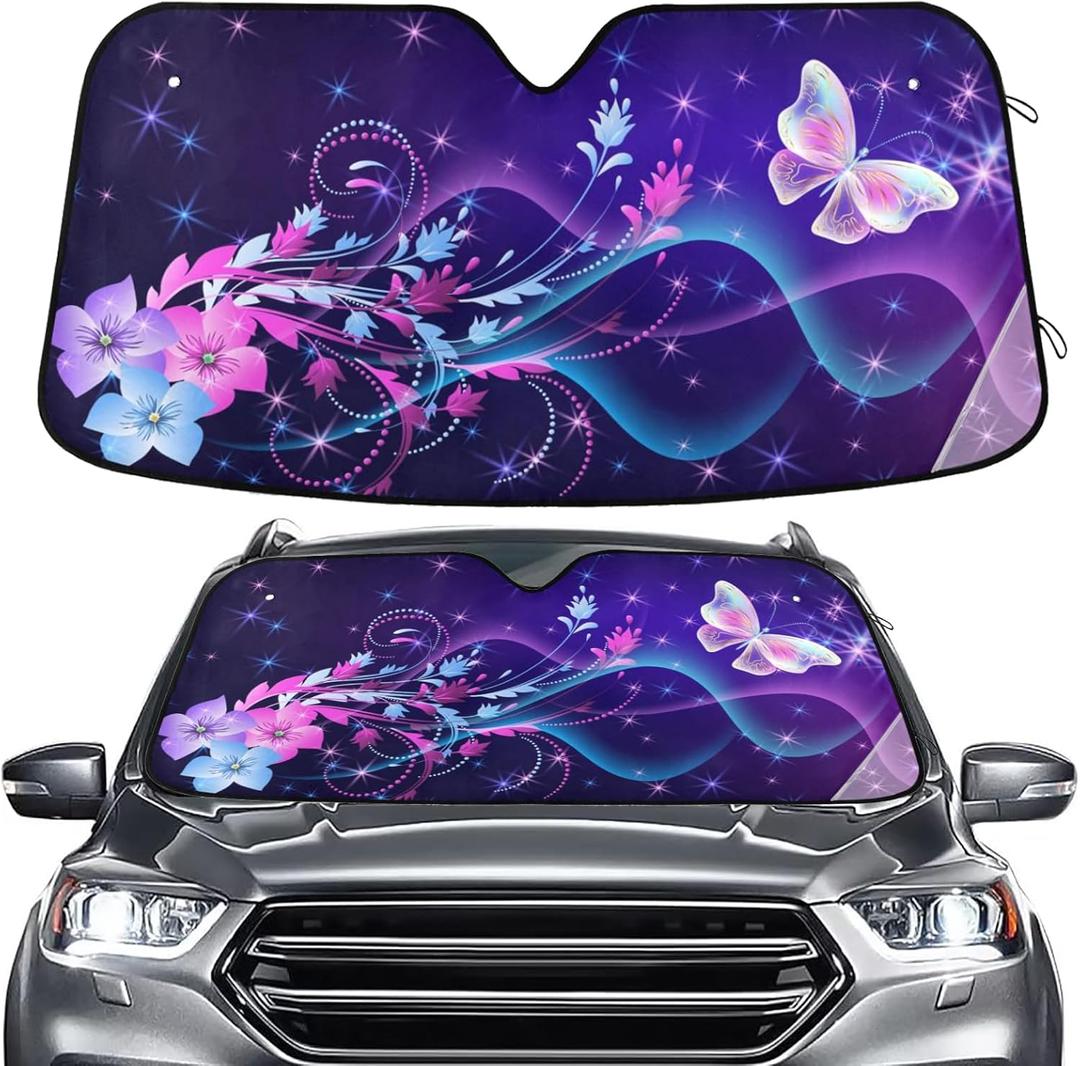 Fantasy Butterfly Flowers Windshield Sun Shade for Car Auto SUV Truck Foldable Front Window Sunshade Sun Visor Protector Block UV Rays Reflect Heat, 55" x 28" (A003)