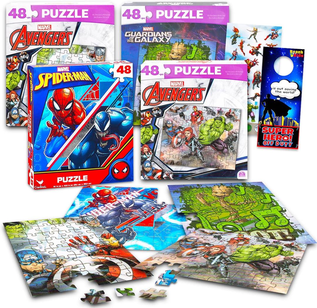 Marvel Heroes Premier Puzzles Set - Bundle with 4 Assorted 48 Piece Avengers and Spiderman Puzzles Plus Stickers and More | Marvel Superhero Puzzles for Boys