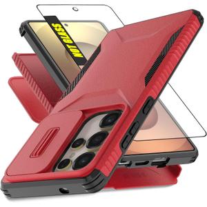 for Samsung Galaxy S25 Ultra Case, with 1 HD Screen Protector & Slide Camera Cover [Military-Grade] Phone Case Heavy Duty Rugged Shockproof Protective Cover for Galaxy S25 Ultra(Red)