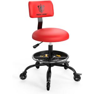 Rolling Shop Stool with Wheels, Garage Mechanic Stool Chair with Backrest, Height Adjustable Heavy Duty Swivel Task Chair, Adjustable Footrest with Storage Tray for Garage Kitchen Salon Tattoo (Red)