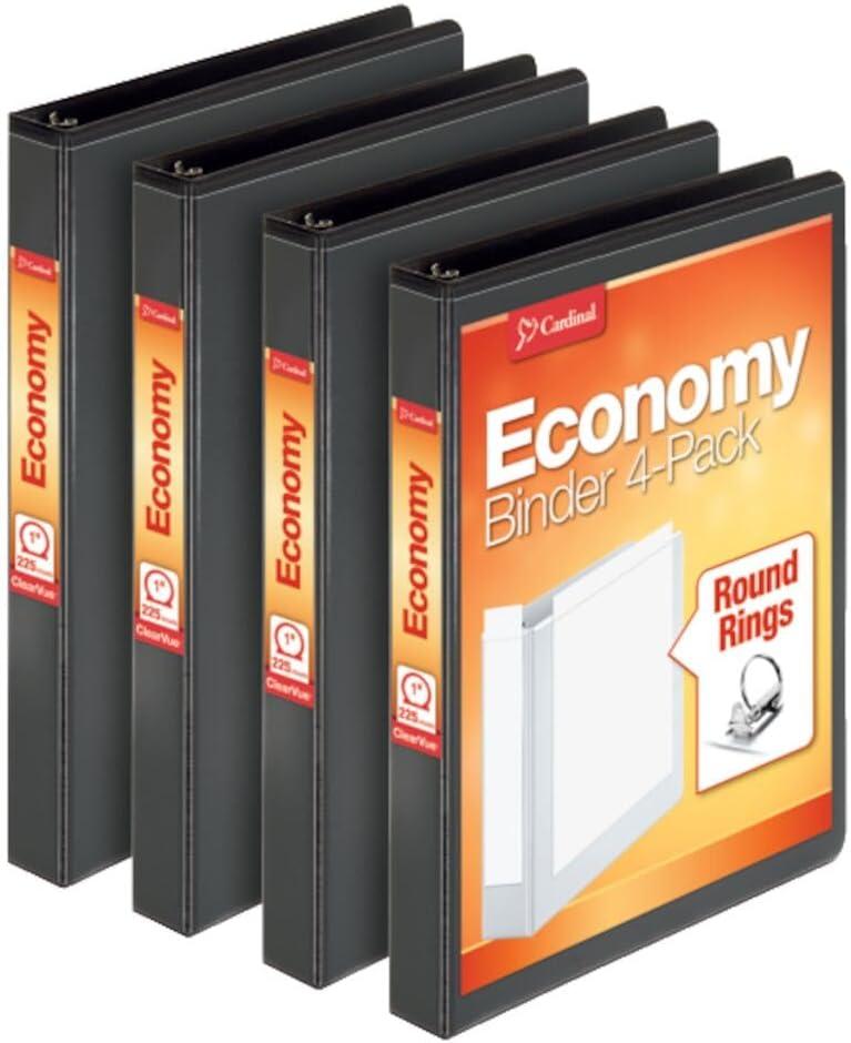 Cardinal Economy 3 Ring Binder, 1 Inch, Presentation View, Black, Holds 225 Sheets, Nonstick, PVC Free, 4 Pack of Binders 