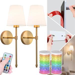 Peel and Stick Wall Sconces, Stick On Wall Sconce Set of 2, Battery Operated Wireless Adhesive Wall Lights, Corn Bulb with 10000mAh Battery, Easy Install for Bedroom Living Room Wall Decor (19.68inch, Brass)