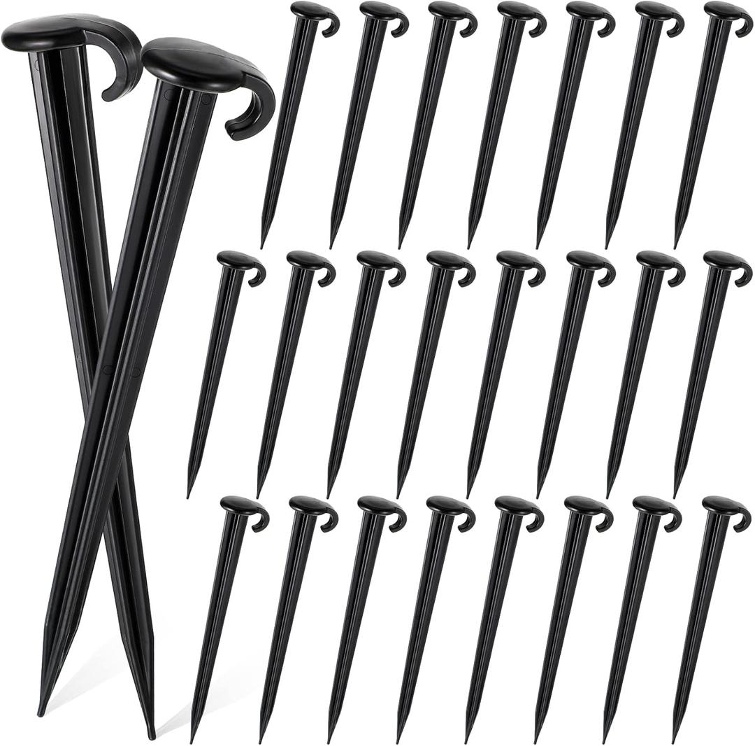 Vicenpal 24 Pcs 7 Inch Plastic Yard Stakes Inflatables Heavy Duty Plastic Garden Stakes for Tent Ground Replacement Outdoor Fence Lawn Pegs Landscape Staples Halloween Christmas Decorations (Black)