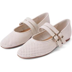 UBWDU Suede Mary Jane Flats for Women Perforated Round Toe Ballet Flats Comfortable Ballerina Shoes with Double Buckle Strap (6, White)