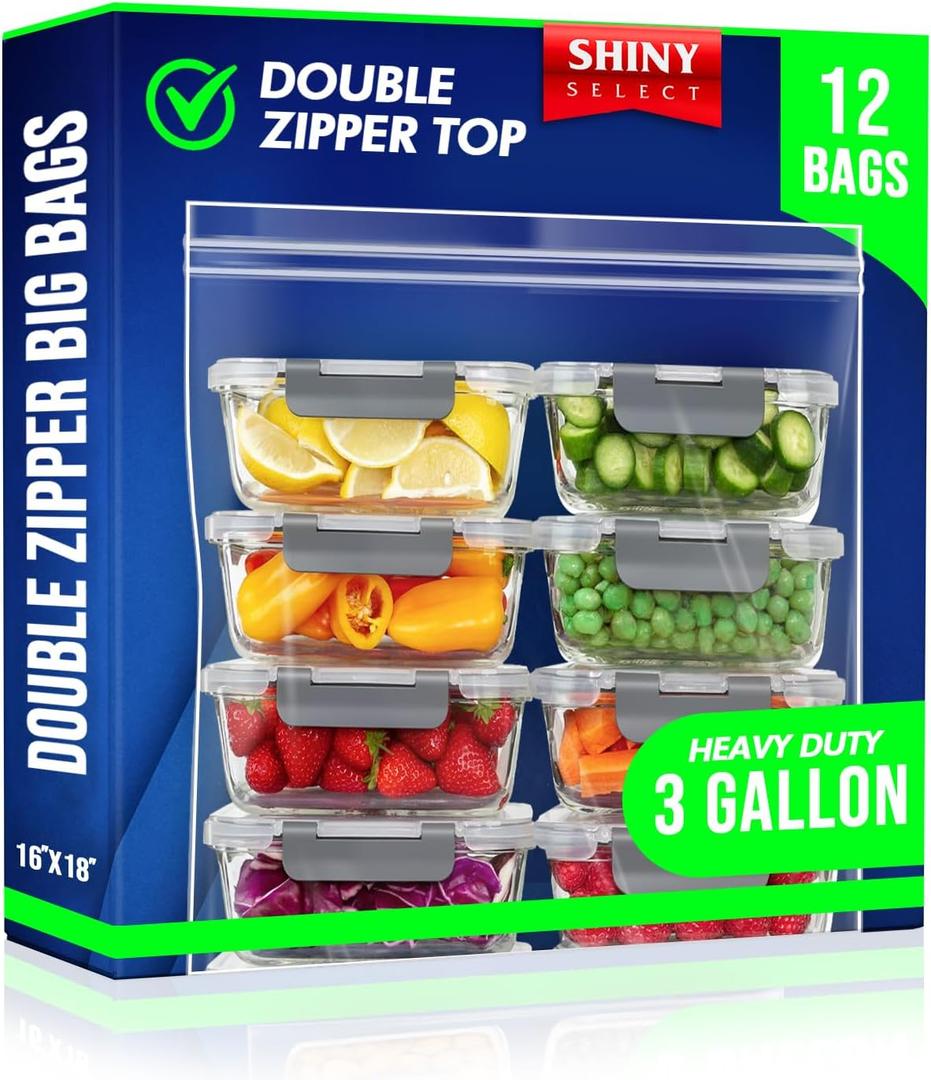 3-Gallon Double Zipper Jumbo Bags, 16x18, 2 Mil Thick, 12 Count - Heavy Duty Durable Storage Bags for Baby Items, School Supplies, Pants, Bedsheets, Pillowcases, Snacks, Meat Marinate
