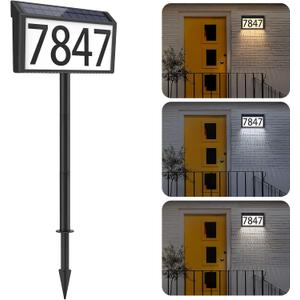 MAXvolador Solar Powered Address Sign House Numbers Waterproof, 3-Color Lighting Modes LED Illuminated Address Plaque with Stakes, Outdoor Address Number