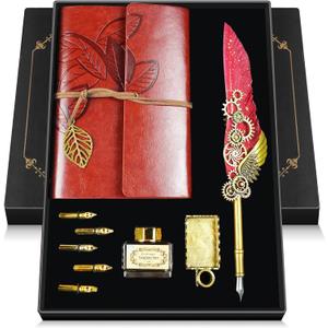 Feather Quill Pen and Ink Set,Antique Calligraphy Set with Leather Journal Notebook,Feather Pen,5 Gold Nibs,Pen Holder,Ink,Calligraphy Kits for Beginners Christmas Gift (Red)