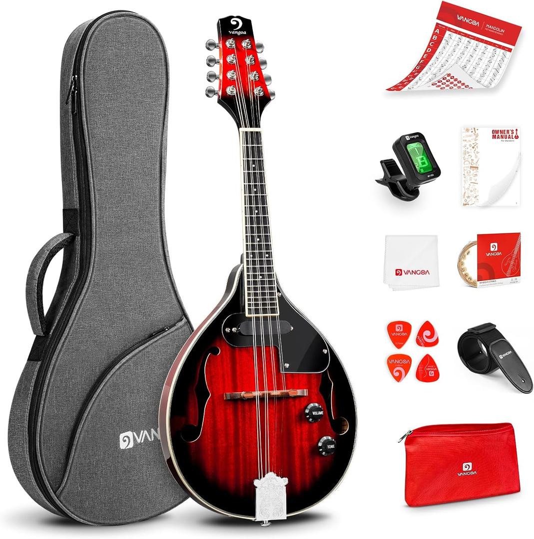 Vangoa Mandolin Musical Instrument A Style Acoustic Electric, 8 Strings Mahogany for Beginner Adults Teens, Red Burst, 27 x 11 x 2.2 inches