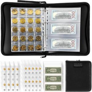 Coin Collection Album for Collectors with Lock, 400 Pockets Fireproof Coin Holder Book & 36 Paper Currency Binder Sleeves, Coins Storage Collecting Organizer for Pennies,Bill,Tokens,Badges