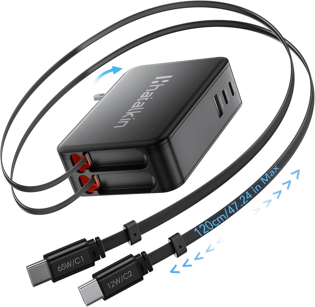 65W for MacBook Pro Charger, 5-in-1 Retractable Wall Charger Plug for iPhone 17, Dual 3.94 ft PD USB C Cable&3 Ports, Fast Charging Block for Mac Book Pro/ Air, M1 M2 M3 M4 M5, iPad Pro, Galaxy, Pixel