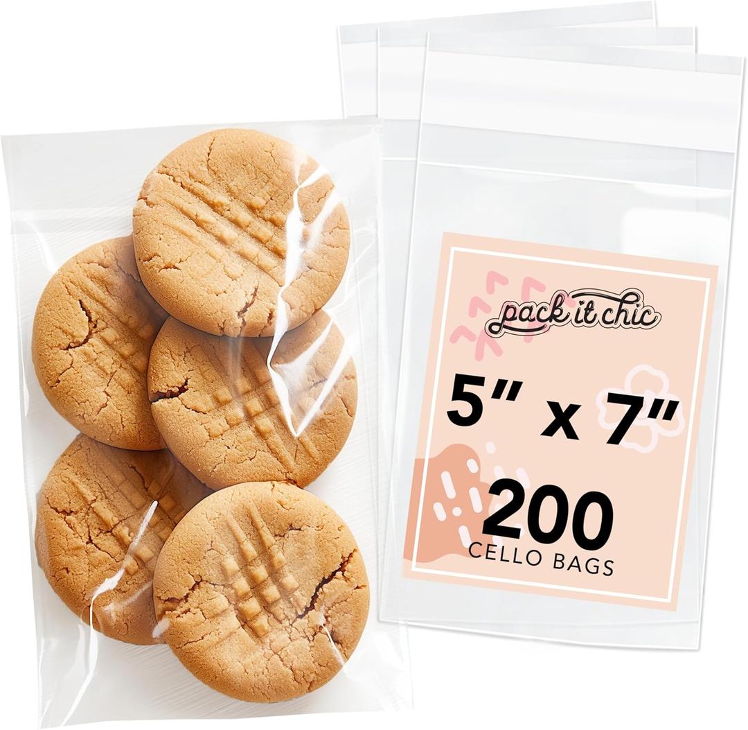 Pack It Chic - 5 X 7 (200 Pack) Self Sealing Cellophane Bags - Candy, Treats, and Party Favors
