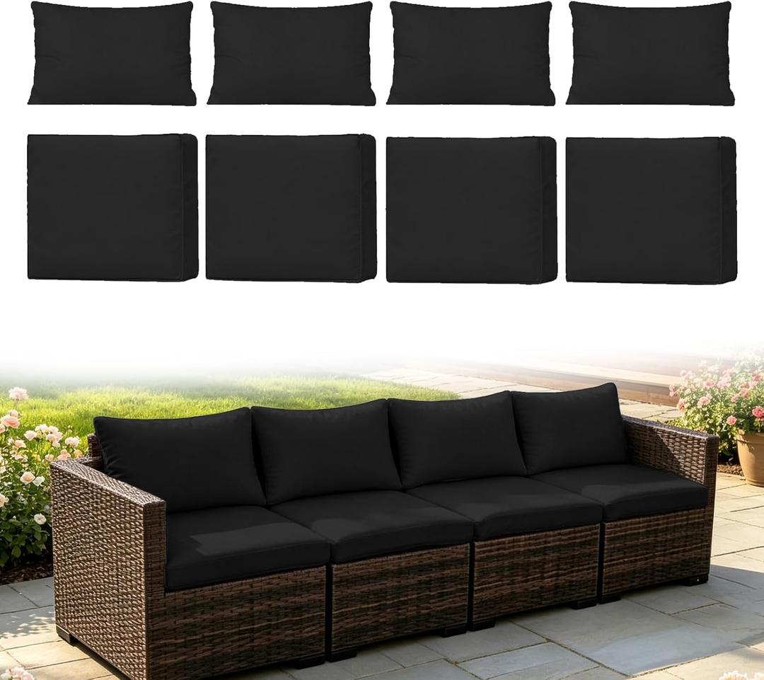 8Pcs Outdoor Patio Cushion Cover Replacement, Waterproof Patio Cushion Covers, Washable Outdoor Couch Cushion Covers with Zippers, Slipcovers Sofa Chair for Patio Furniture(Black, Cover Only)