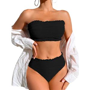 ZAFUL Women Strapless Bandeau Bikini Shell 2 Piece Swimwear Cheeky Solid Lace up Pom Bathing Suits (Small, 9-black)