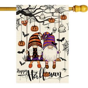 ZAEW Happy Halloween Swing Gnomes Ghosts Pumpkins Bats Spider Web House Flag Large 28X40 Inch Big Vertical Double Sided Yard Outdoor Outside Holiday Decoration