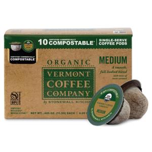 Vermont Coffee Company, Organic Medium Roast, Single-Serve Organic Compostable Coffee Pods, 10CT, Compatible with Most Kcups Brewing Systems, Made in the USA (EXP 04/27/27)