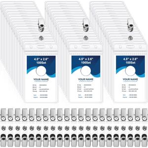 100 Sets ID Badge Holder with Metal Badge Clips and PVC Straps Waterproof Sealed Clear Plastic Vertical Name Tag Holder for Name Tag Work Card Drive License Clips Office Car