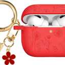 Flower Engraved Case Compatible with AirPods Pro 2 Case Cover 2022, Silicone Case for AirPods Pro 2nd/1st Generation with Cute Flower Keychain and Carabiner for Girls Women (Red)