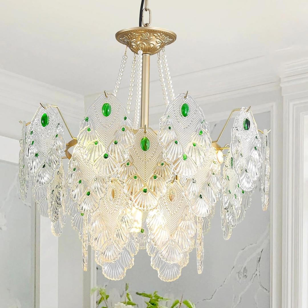 GlowHub Modern Glass Chandelier Gold 20" Crystal Chandelier, Round 3 Tier Pendant Light Fixture with Green Dotted and Pearl Beaded Luxury Design for Dining Room Living Room Bedroom Entryway Foyer GlowHub Modern Glass Chandelier Gold 20" Crystal Chandelier, Round 3 Tier Pendant Light Fixture with Green Dotted and Pearl Beaded Luxury Design for Dining Room Living Room Bedroom Entryway Foyer