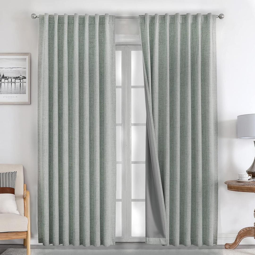 Joydeco 100% Blackout Curtains 90 inches Long Natural Linen Drapes 2 Panels Set Burg for Bedroom Living Room Black Out Darkening Curtain Thermal Insulated Back tab Rod Pocket(52x90 inch,Sage Green) (52"W x 90"L (Pack of 2))