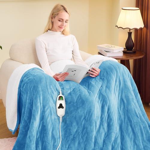 Greenoak Heated Blanket Electric Twin 62"X84", Heating Blankets with 10 Levels 8 Hours Auto-Off, Soft Flannel Sherpa Fluffy House Warming Gifts for Grandma Seniors Momt, Pale Blue